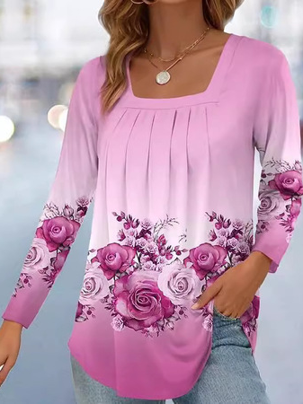 Chemisiers1 Décontracté Floral Printemps / Automne Polyester Col Carré Quotidien Coupe Régulière Droit Régulier pour Femmes