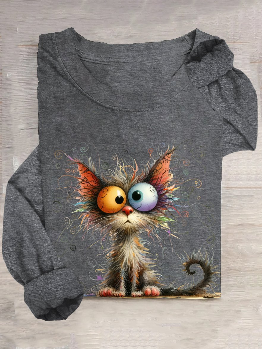 T-shirts Décontracté Printemps / Automne Chat Ample Manches Longues en Mélangé de Coton Régulier Élasticité moyenne Oui pour Femmes