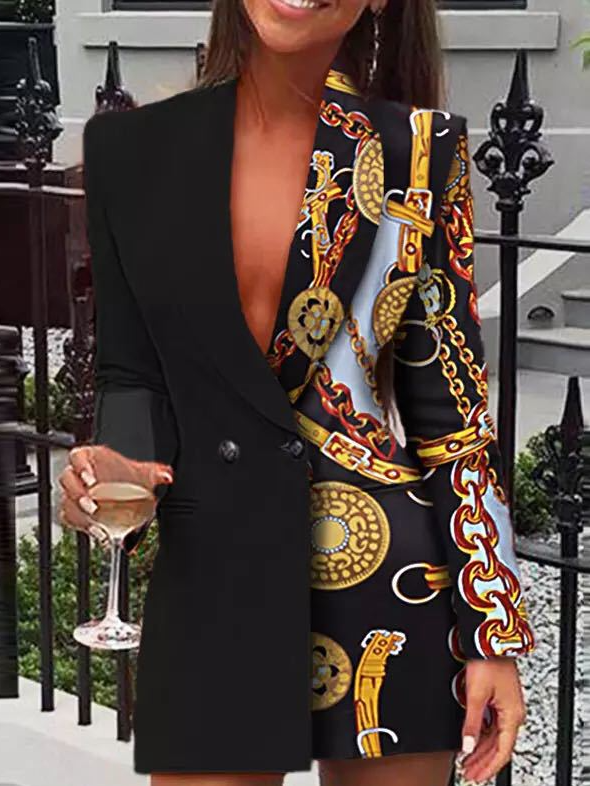 Micro-élasticité à Col Revers Manches Longues Régulier Géométrique Blazer Brillant pour Femmes