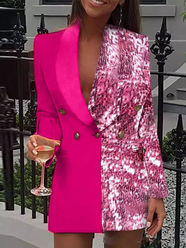 Micro-élasticité à Col Revers Manches Longues Régulier Géométrique Blazer Brillant pour Femmes