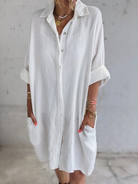 Femmes Plain Blanc Col de Chemise Confortable Robe Mi-Longue Décontracté