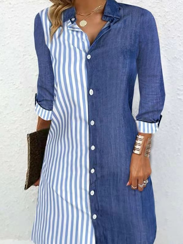 Femmes Rayé Bleu Col de Chemise Confortable Mini Robe Décontracté