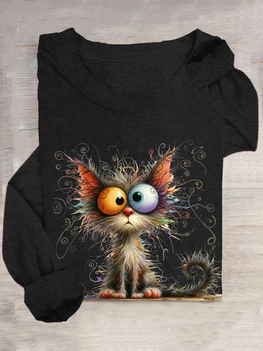 T-shirts Décontracté Printemps / Automne Chat Ample Manches Longues en Mélangé de Coton Régulier Élasticité moyenne Oui pour Femmes