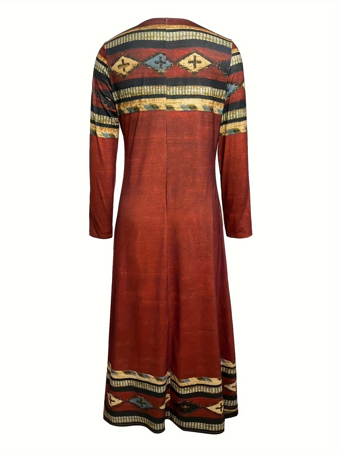 Femmes Ethnique Rouge Vineux Col Rond Confortable Robe Maxi Décontracté