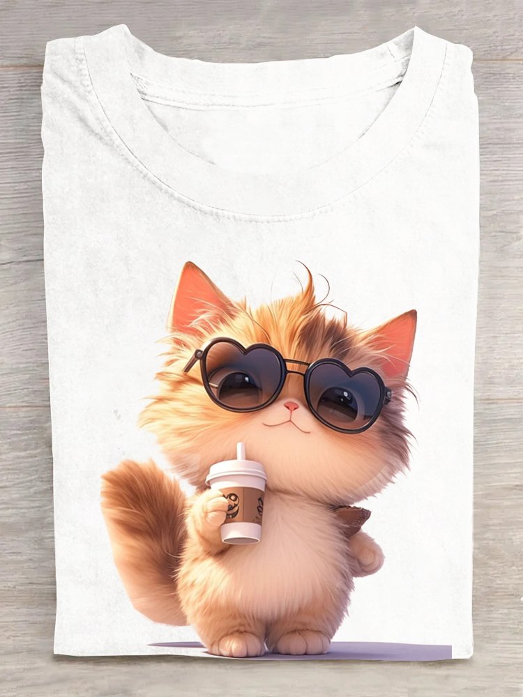 T-shirts Femmes Décontracté Été Chat Coton Quotidien Ample Régulier Régulier Oui