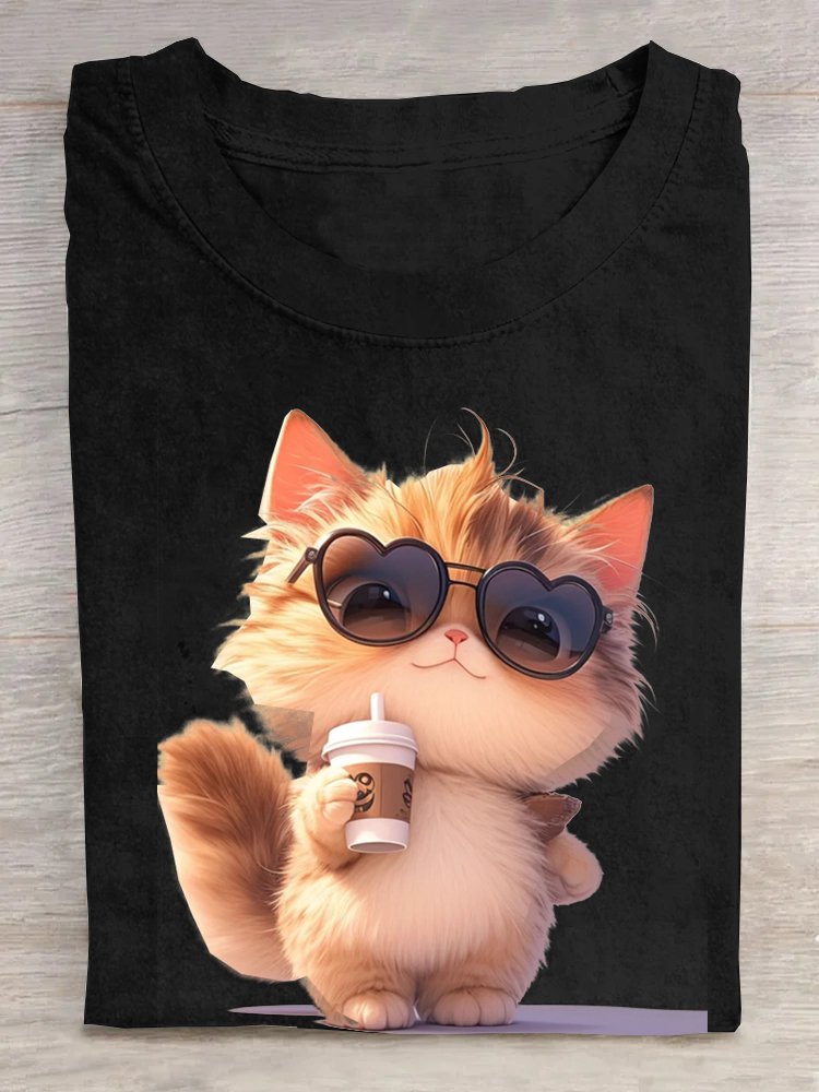 T-shirts Femmes Décontracté Été Chat Coton Quotidien Ample Régulier Régulier Oui