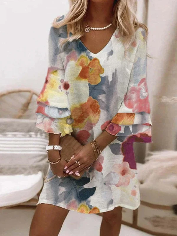 Femmes Floral Rouge Col V Confortable Mini Robe Décontracté