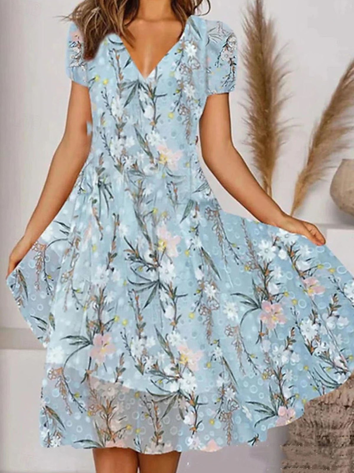 Femmes Floral Bleu Ciel Col V Confortable Robe Mi-Longue Décontracté