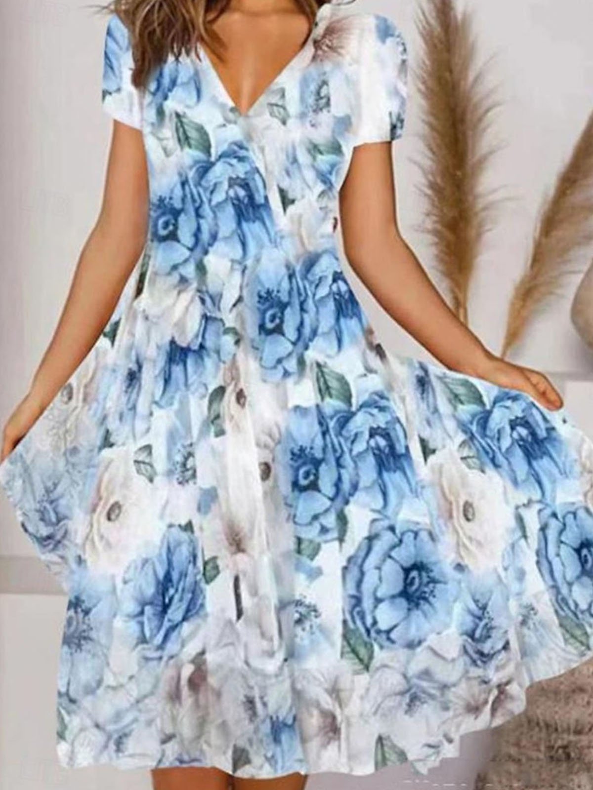 Femmes Floral Bleu Ciel Col V Confortable Robe Mi-Longue Décontracté