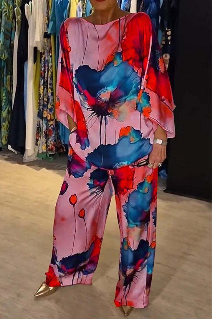 Deux Pièces Ensembles Décontracté Floral Printemps / Automne Polyester Naturel Micro-élasticité Quotidien Top Avec Pantalons Régulier pour Femmes