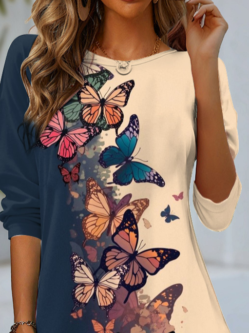 T-shirts Femmes Décontracté Papillon Printemps / Automne Ample Jersey Manches Longues Col Rond Régulier Non
