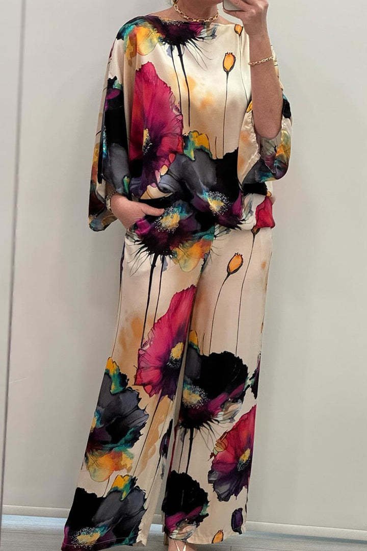 Deux Pièces Ensembles Décontracté Floral Printemps / Automne Polyester Naturel Micro-élasticité Quotidien Top Avec Pantalons Régulier pour Femmes