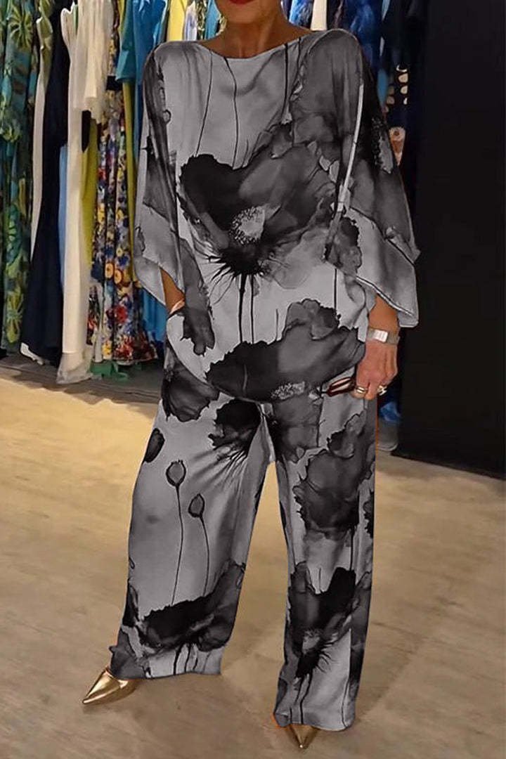 Deux Pièces Ensembles Décontracté Floral Printemps / Automne Polyester Naturel Micro-élasticité Quotidien Top Avec Pantalons Régulier pour Femmes