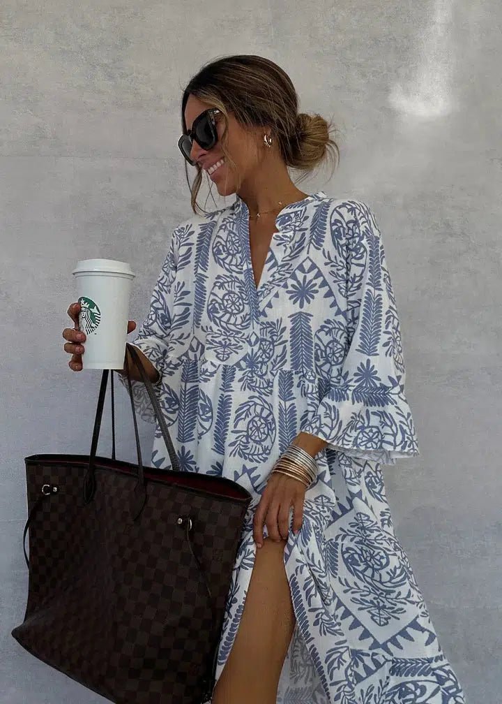 Femmes Ethnique Blanc Col V Confortable Robe de Longueur Au Genou Décontracté