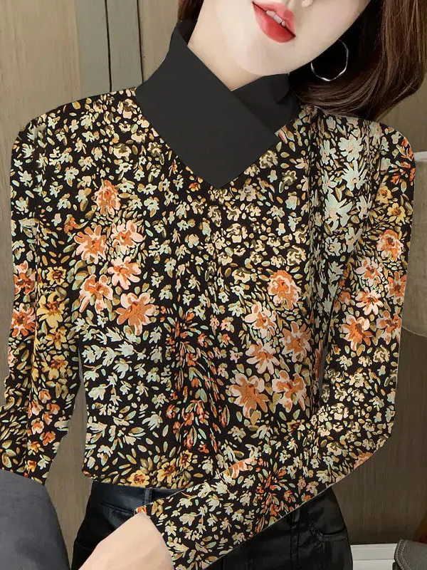 Chemisiers1 Femmes Décontracté Floral Printemps / Automne Micro-élasticité Coupe Régulière chaleur Meilleure vente Manches Longues Régulier