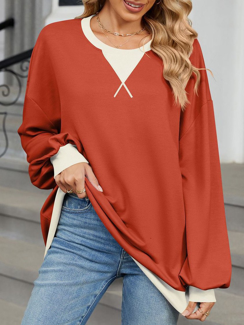 Sweat-shirts Décontracté Printemps / Automne Contrasté Couture Col V Joint Fendu Poids lourd Quotidien Ample en Mélangé de Coton pour Femmes