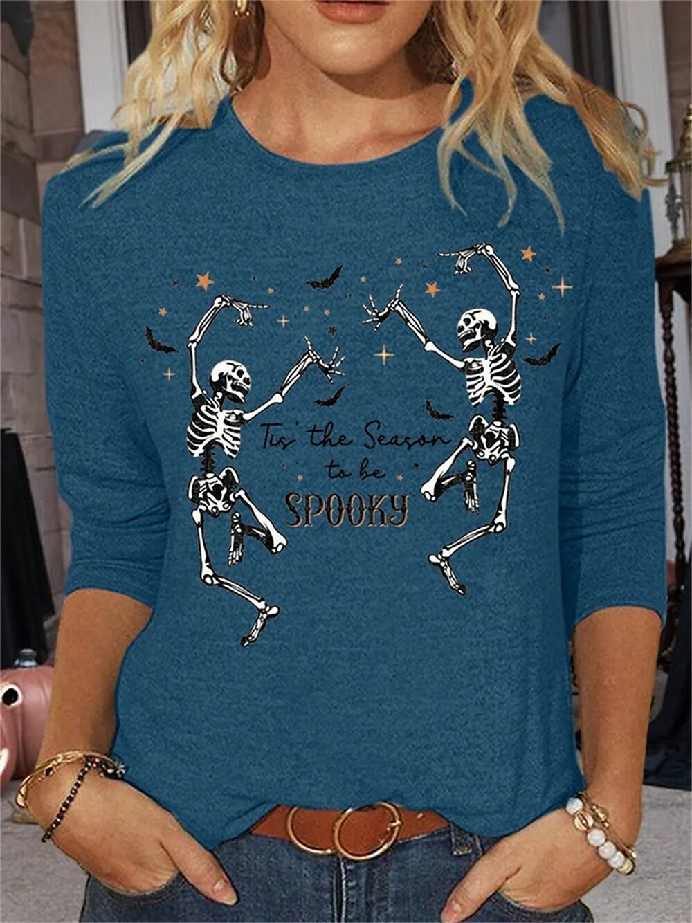 T-shirts Décontracté Printemps / Automne Toussaint Micro-élasticité Ample Jersey Manches trois quarts Droit Régulier pour Femmes