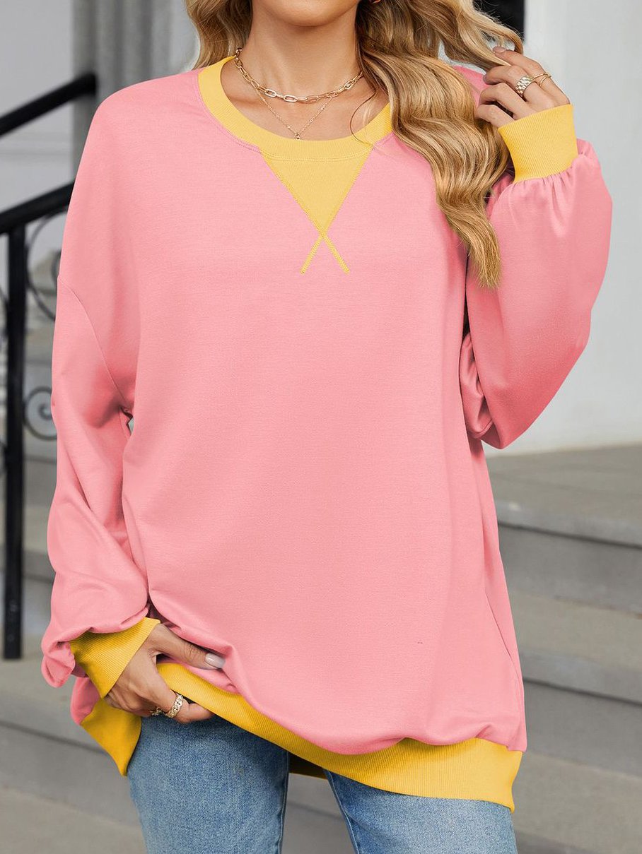 Sweat-shirts Décontracté Printemps / Automne Contrasté Couture Col V Joint Fendu Poids lourd Quotidien Ample en Mélangé de Coton pour Femmes