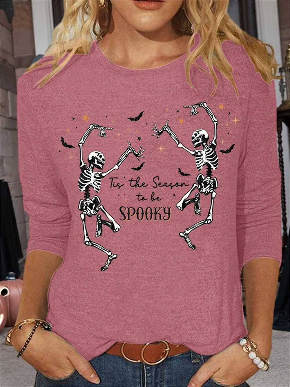 T-shirts Décontracté Printemps / Automne Toussaint Micro-élasticité Ample Jersey Manches trois quarts Droit Régulier pour Femmes