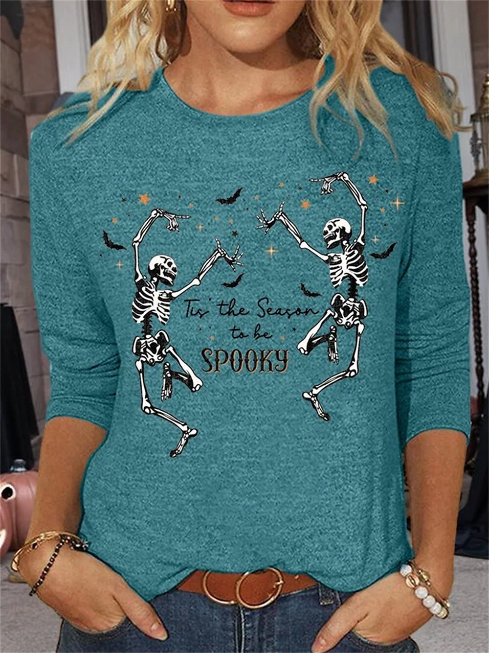 T-shirts Décontracté Printemps / Automne Toussaint Micro-élasticité Ample Jersey Manches trois quarts Droit Régulier pour Femmes