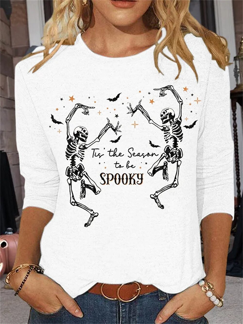T-shirts Décontracté Printemps / Automne Toussaint Micro-élasticité Ample Jersey Manches trois quarts Droit Régulier pour Femmes