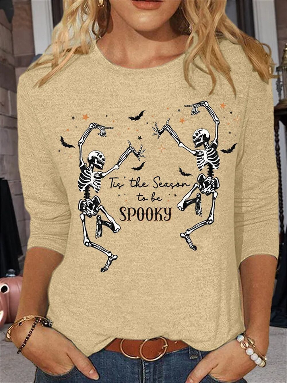 T-shirts Décontracté Printemps / Automne Toussaint Micro-élasticité Ample Jersey Manches trois quarts Droit Régulier pour Femmes