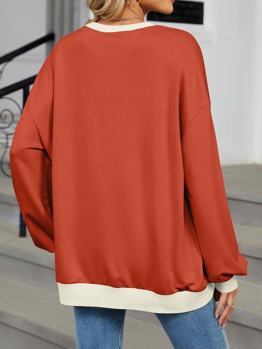 Sweat-shirts Décontracté Printemps / Automne Contrasté Couture Col V Joint Fendu Poids lourd Quotidien Ample en Mélangé de Coton pour Femmes