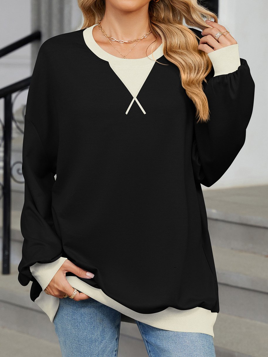 Sweat-shirts Décontracté Printemps / Automne Contrasté Couture Col V Joint Fendu Poids lourd Quotidien Ample en Mélangé de Coton pour Femmes