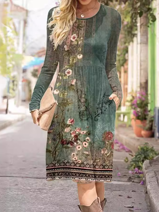 Femmes Floral Rouge Col Rond Confortable Robe Mi-Longue Décontracté