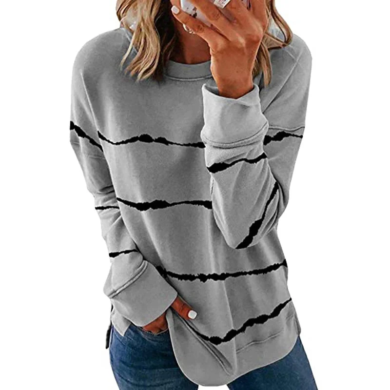 Sweat-shirts Rayé Décontracté Printemps / Automne Polyester Micro-élasticité Ample Manches Longues Droit Régulier pour Femmes