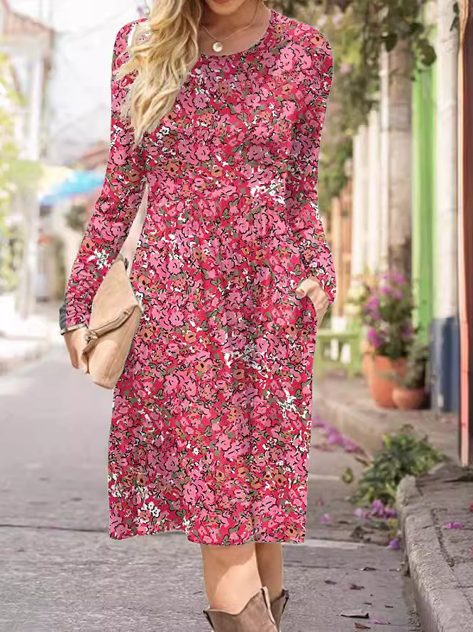 Femmes Floral Rouge Col Rond Confortable Robe Mi-Longue Décontracté