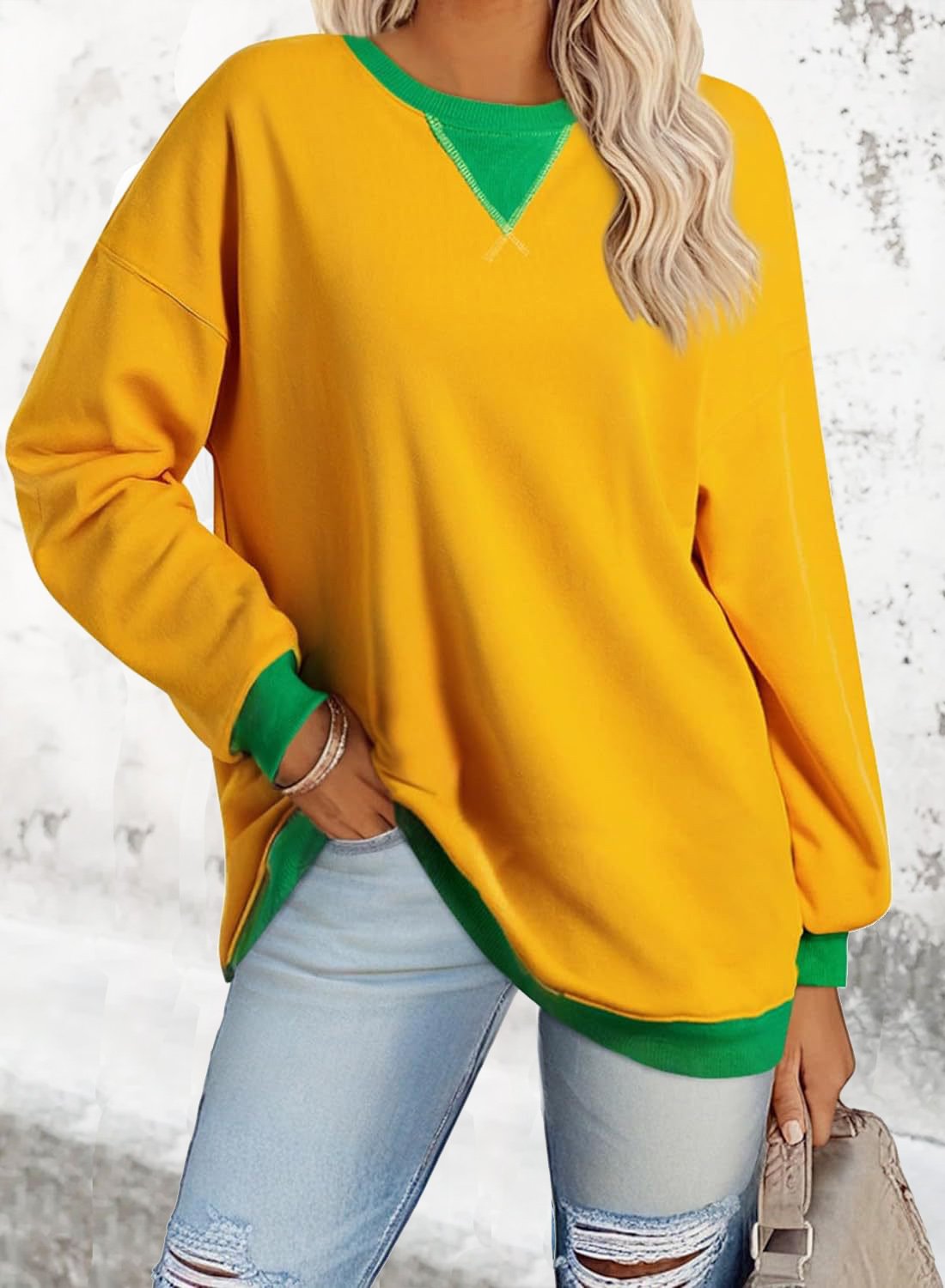 Sweat-shirts Décontracté Printemps / Automne Contrasté Couture Col V Joint Fendu Poids lourd Quotidien Ample en Mélangé de Coton pour Femmes