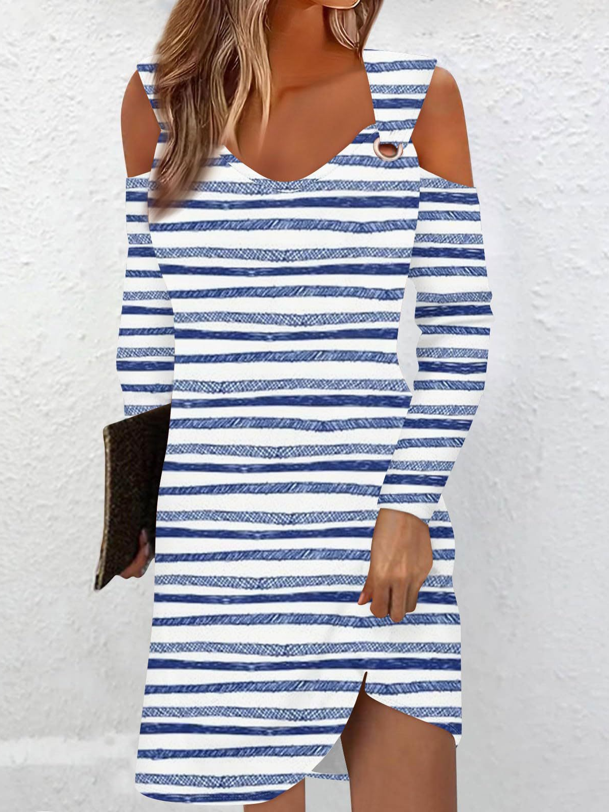 Femmes Rayé Bleu Col Rond Confortable Robe Mi-Longue Décontracté