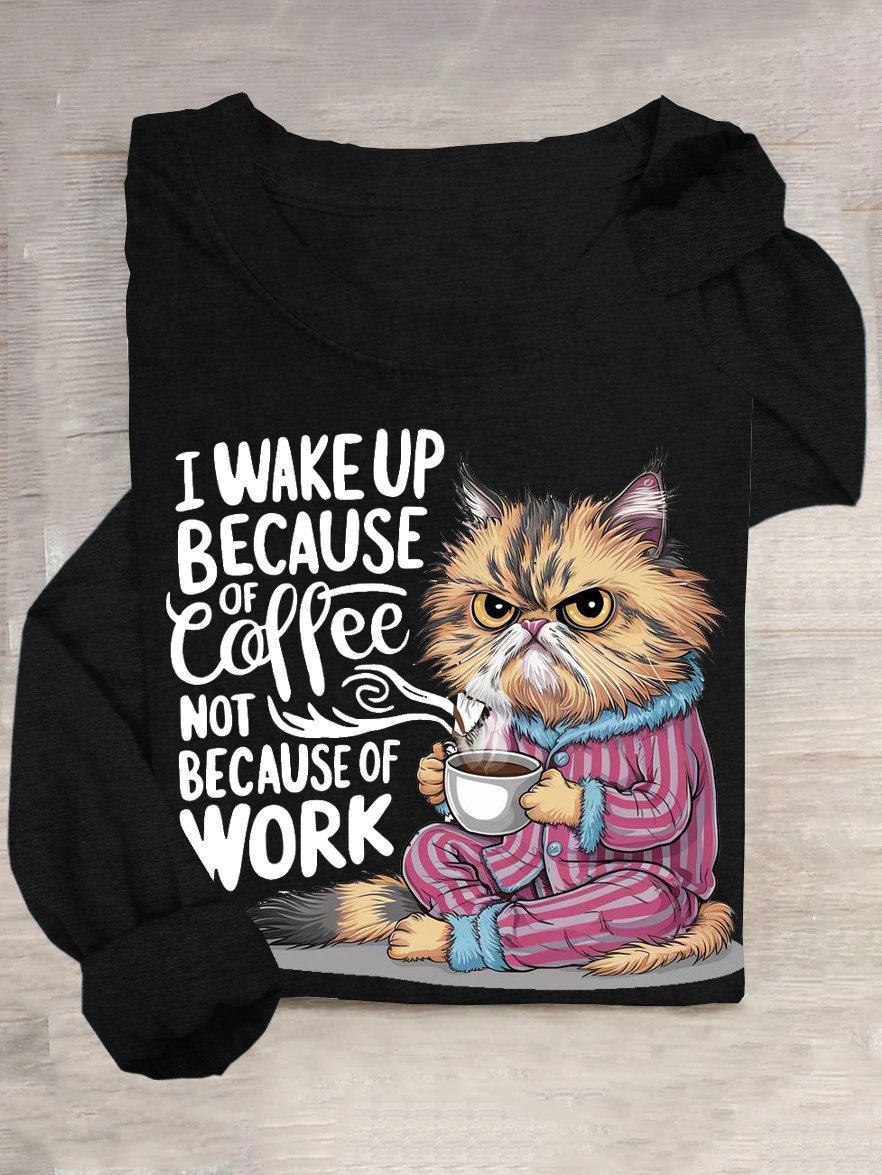 T-shirts Femmes Décontracté Printemps / Automne Chat Quotidien Manches Longues Col Rond en Mélangé de Coton Droit Élasticité moyenne