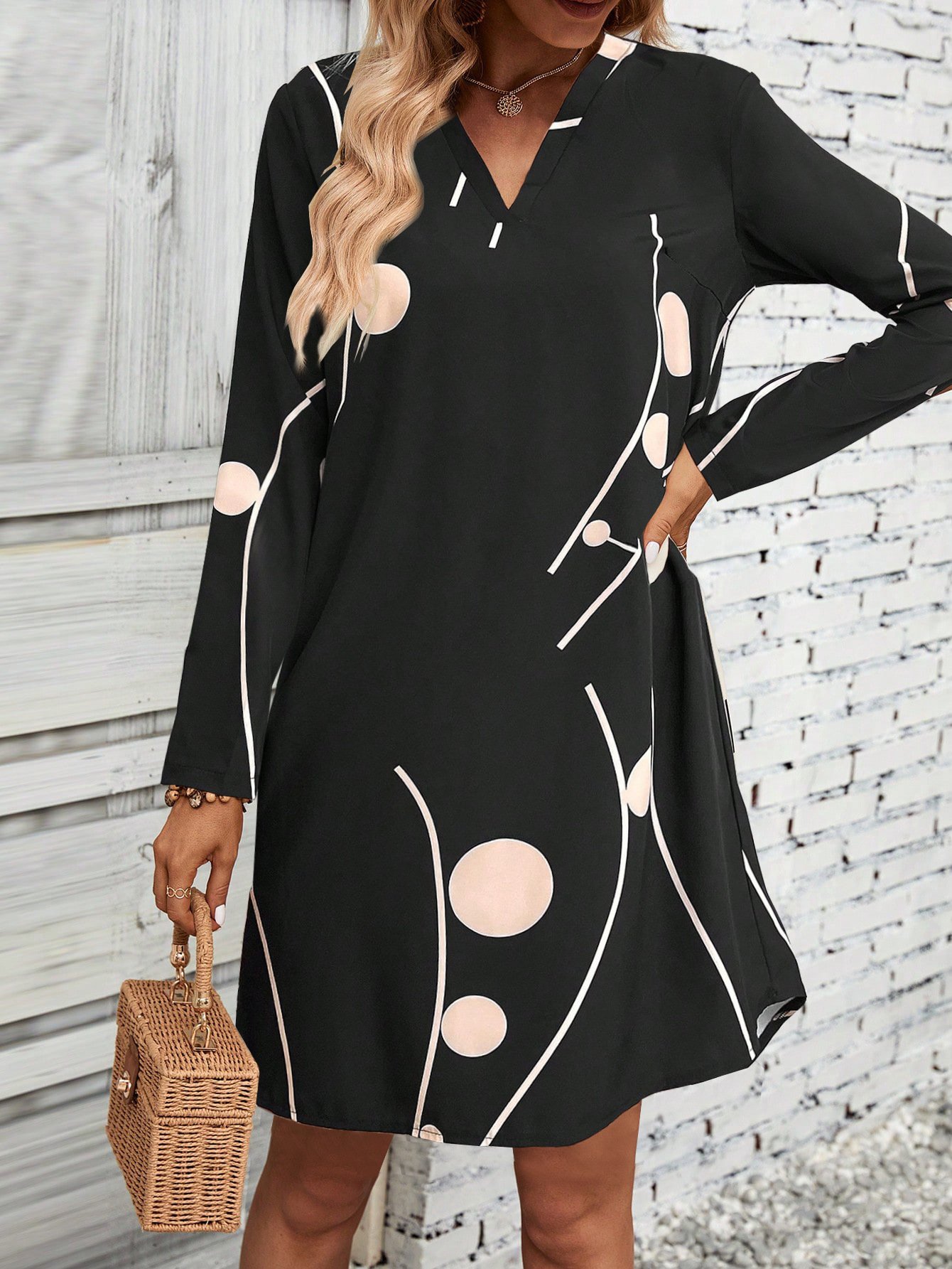Femmes Pois Polka Noir Col V Confortable Mini Robe Décontracté
