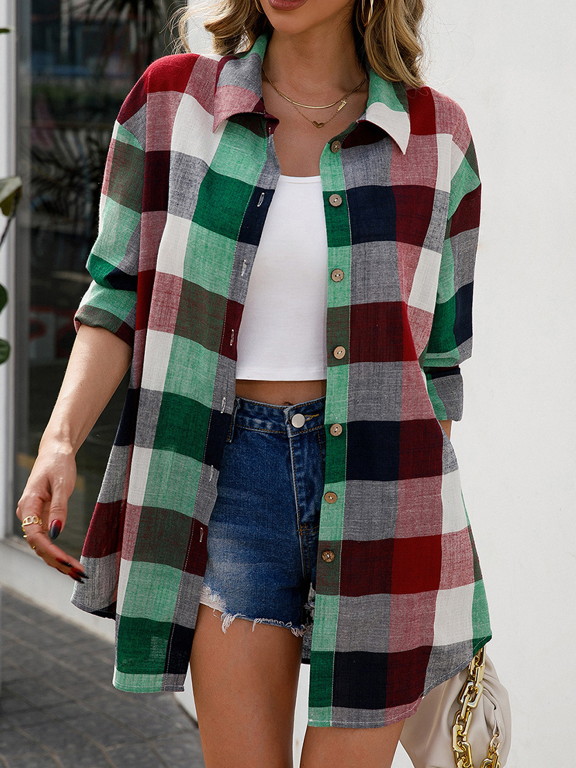 Chemises Femmes Décontracté Printemps / Automne Plaid Aucune élasticité Ample Coton Et Lin Régulier Régulier Col de Chemise