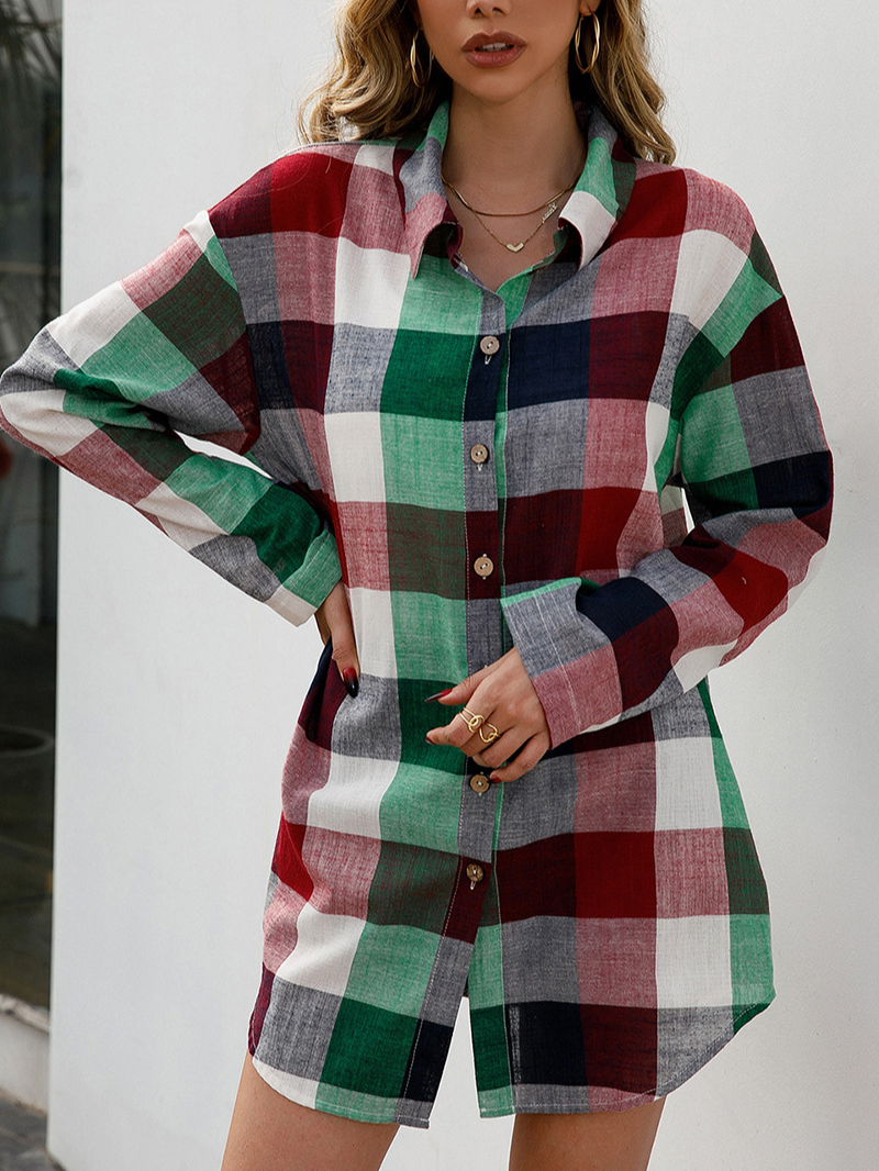 Chemises Femmes Décontracté Printemps / Automne Plaid Aucune élasticité Ample Coton Et Lin Régulier Régulier Col de Chemise