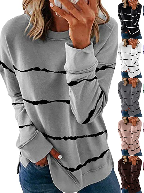 Sweat-shirts Rayé Décontracté Printemps / Automne Polyester Micro-élasticité Ample Manches Longues Droit Régulier pour Femmes