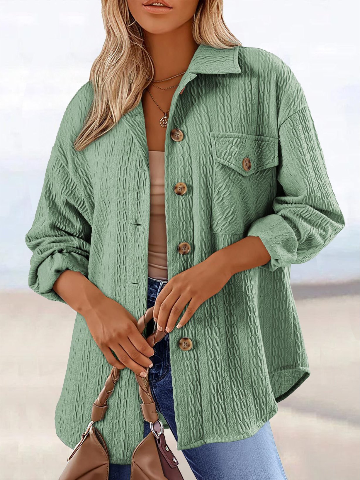 Col de Chemise Manches Longues Régulier Plain Chemise Blouson Blouson Jacquard pour Femmes