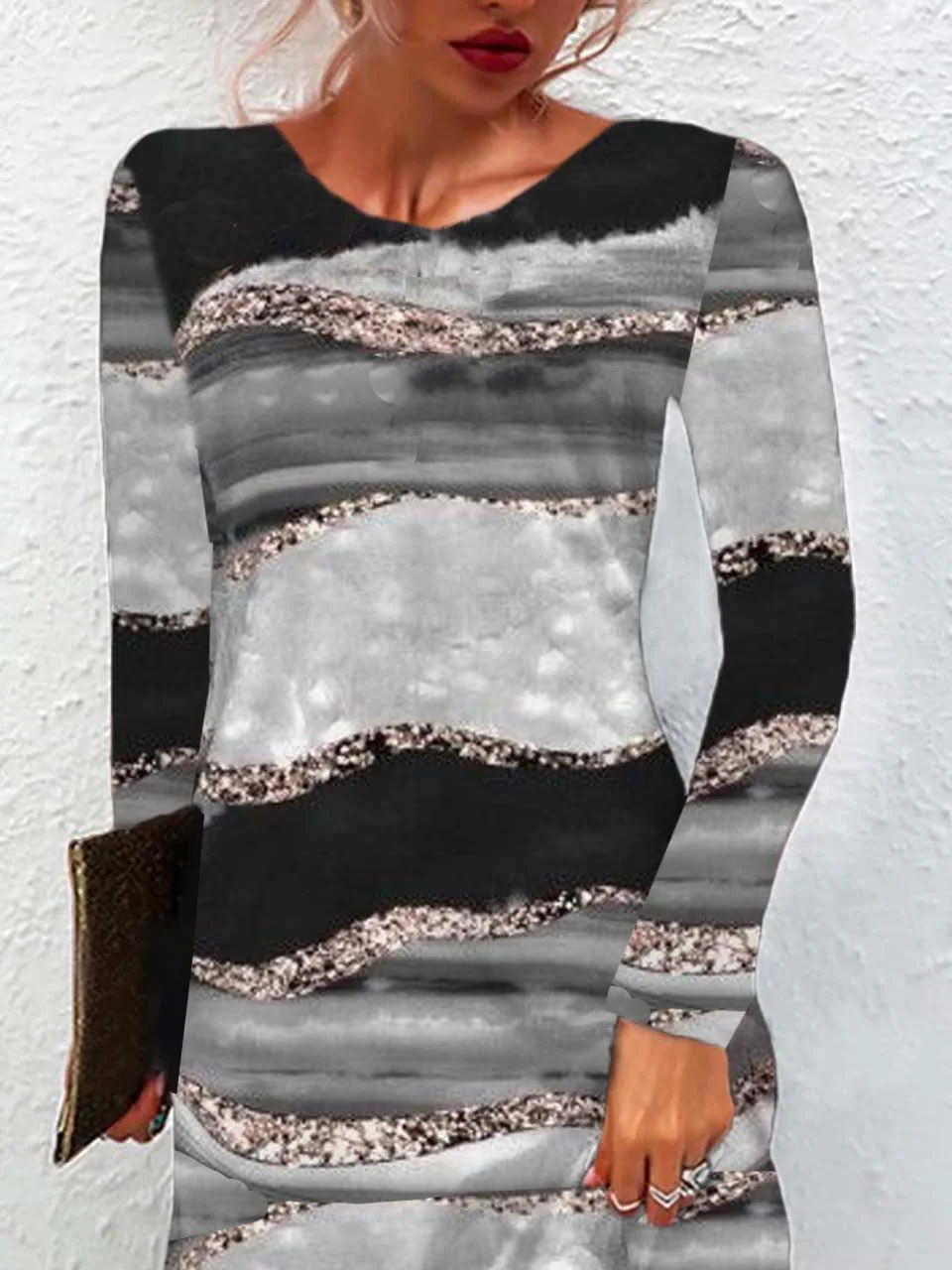 Femmes Abstrait Noir Col Rond Confortable Mini Robe Décontracté