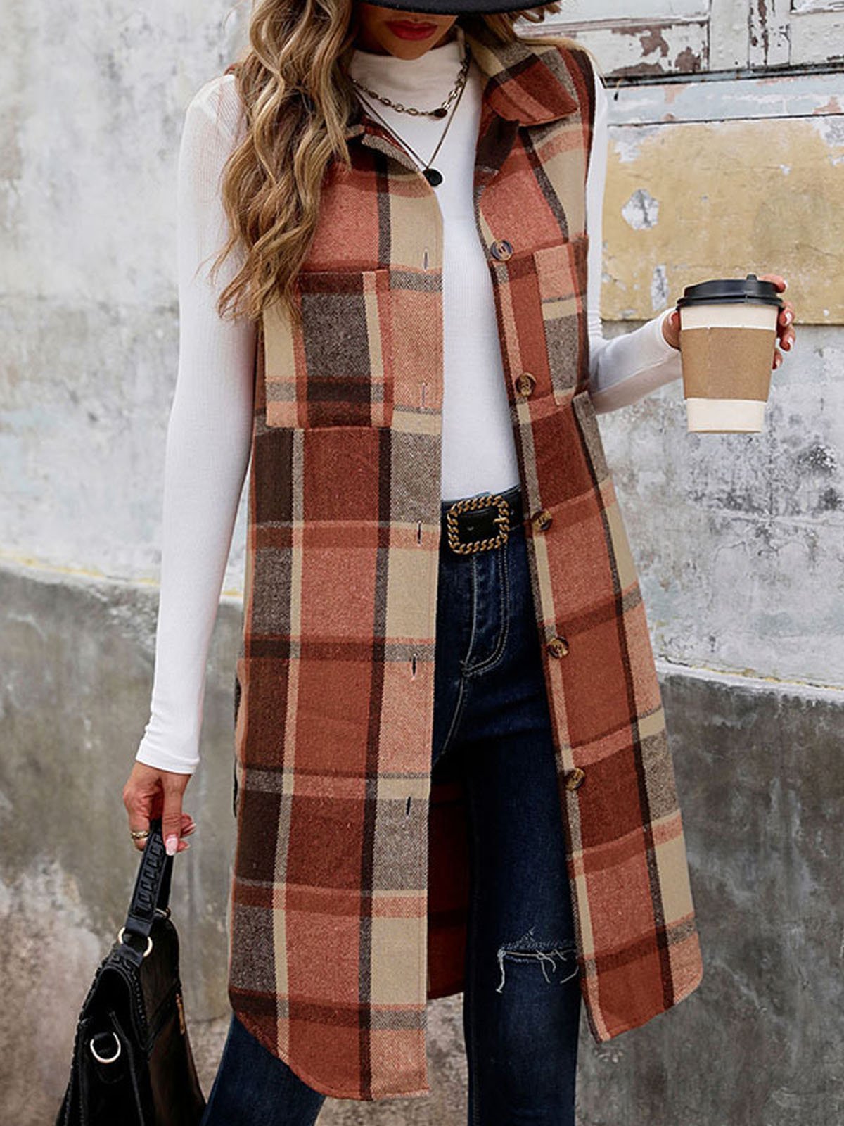 Sans Manches Régulier Plaid Gilet Boucle pour Femmes