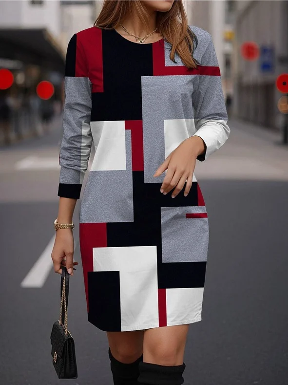 Femmes Géométrique Rouge Col Rond Confortable Mini Robe Décontracté