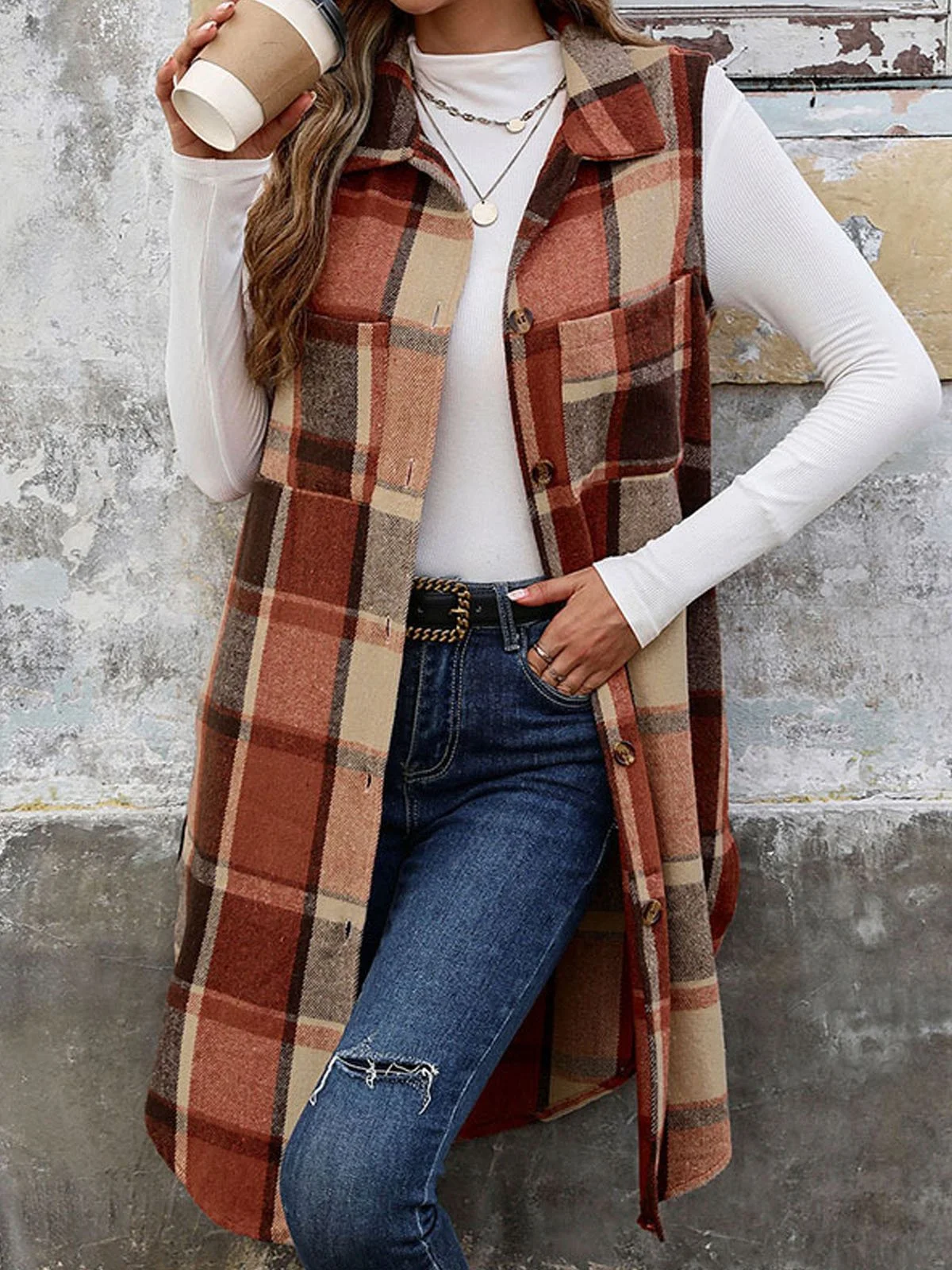 Sans Manches Régulier Plaid Gilet Boucle pour Femmes