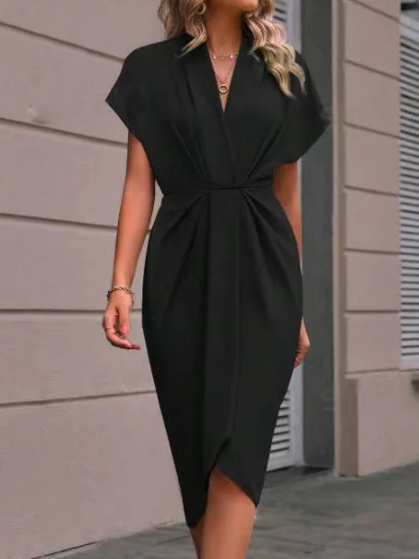 Femmes Plain Noir Col V Confortable Croisé Robe Mi-Longue Urbain