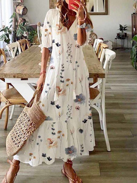 Femmes Floral Blanc Col V Confortable Robe Maxi Décontracté