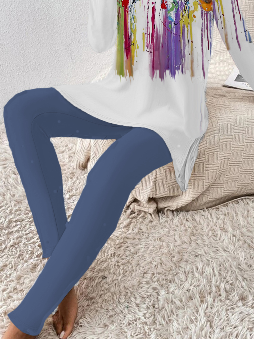 Deux Pièces Ensembles Femmes Décontracté Floral Printemps / Automne Naturel Ample Jersey Manches Longues Top Avec Pantalons Régulier