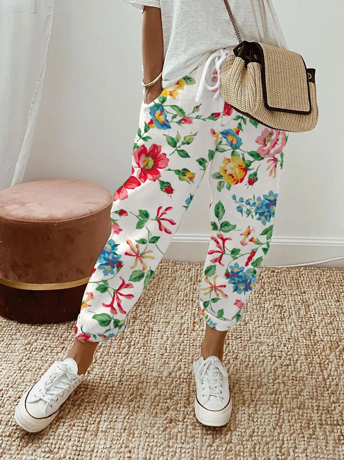 Pantalons Décontracté Floral Printemps / Automne Polyester Naturel Quotidien Pantalon droit Droit Régulier pour Femmes