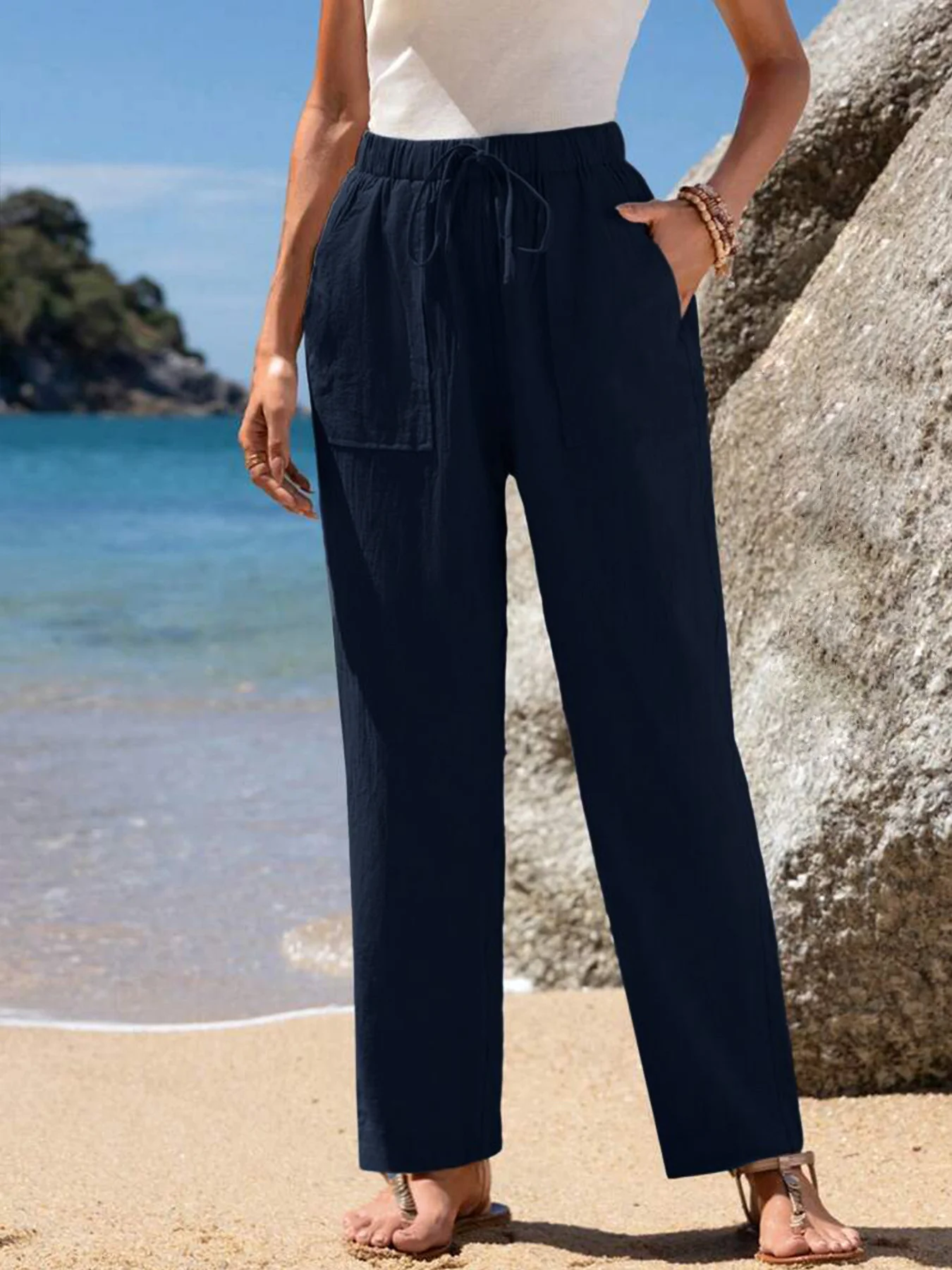 Pantalons Femmes Décontracté Plain Printemps / Automne Polyester Aucune élasticité Cordon de Serrage Taille Élastique Pantalon droit Droit