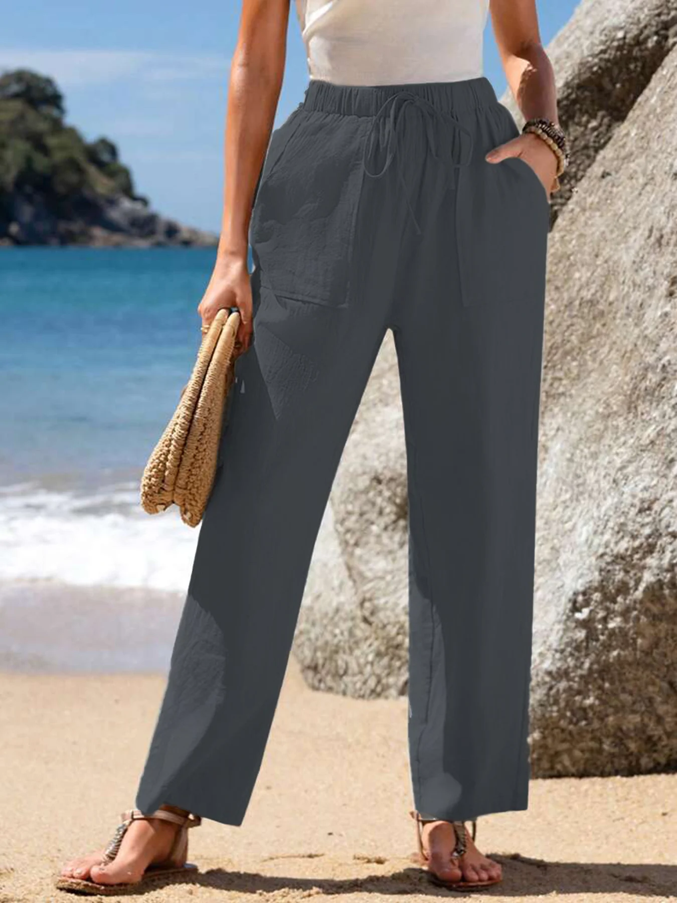 Pantalons Femmes Décontracté Plain Printemps / Automne Polyester Aucune élasticité Cordon de Serrage Taille Élastique Pantalon droit Droit