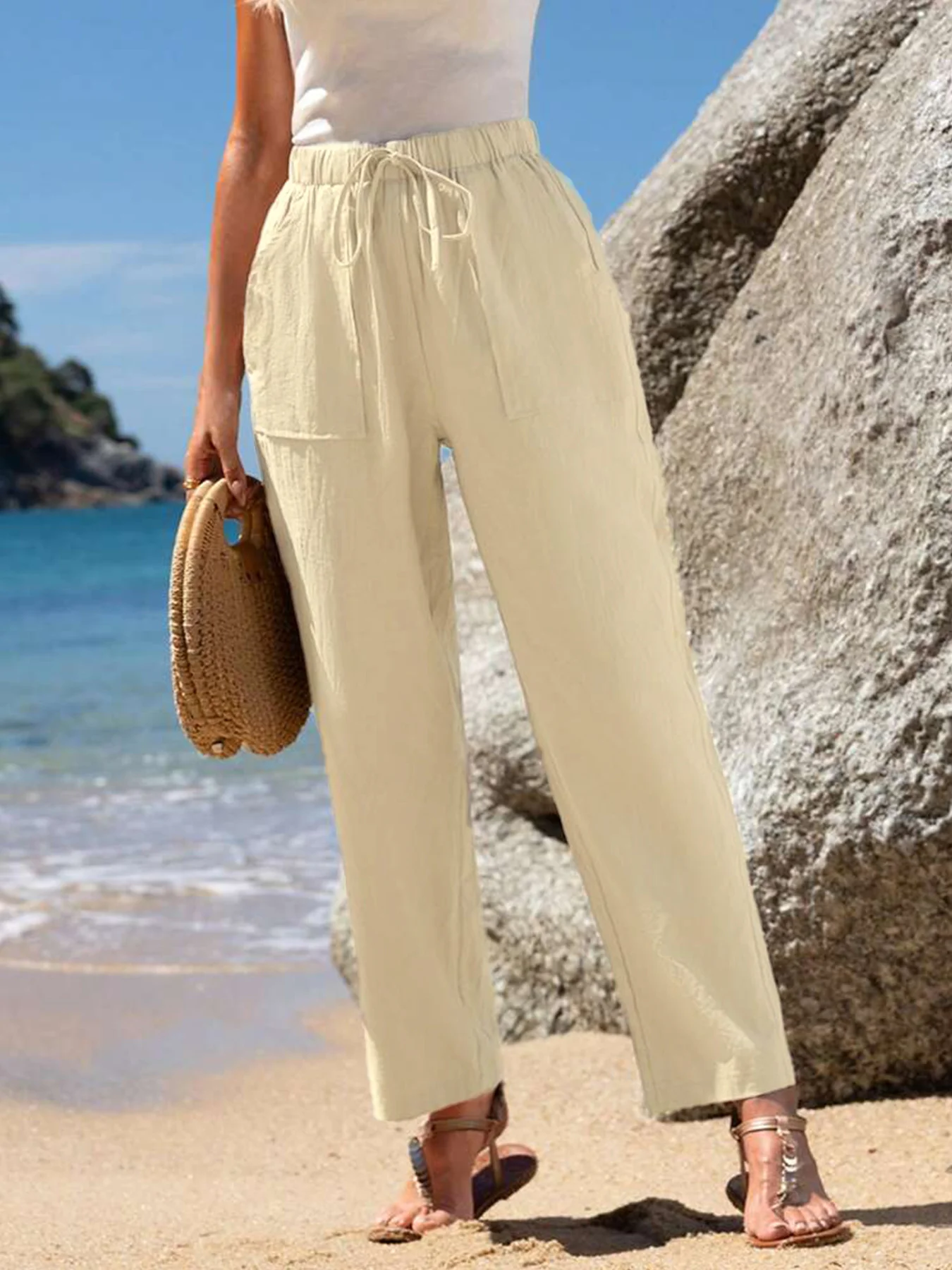 Pantalons Femmes Décontracté Plain Printemps / Automne Polyester Aucune élasticité Cordon de Serrage Taille Élastique Pantalon droit Droit